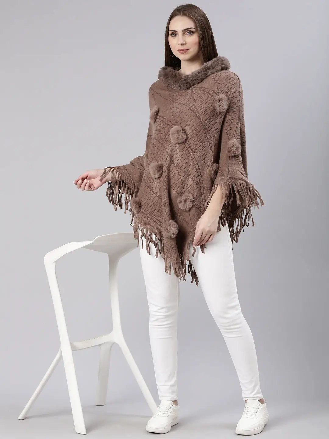 Women's Coffee Brown Self Design Longline Poncho