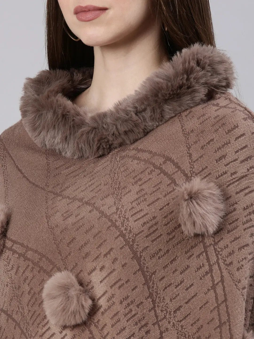 Women's Coffee Brown Self Design Longline Poncho