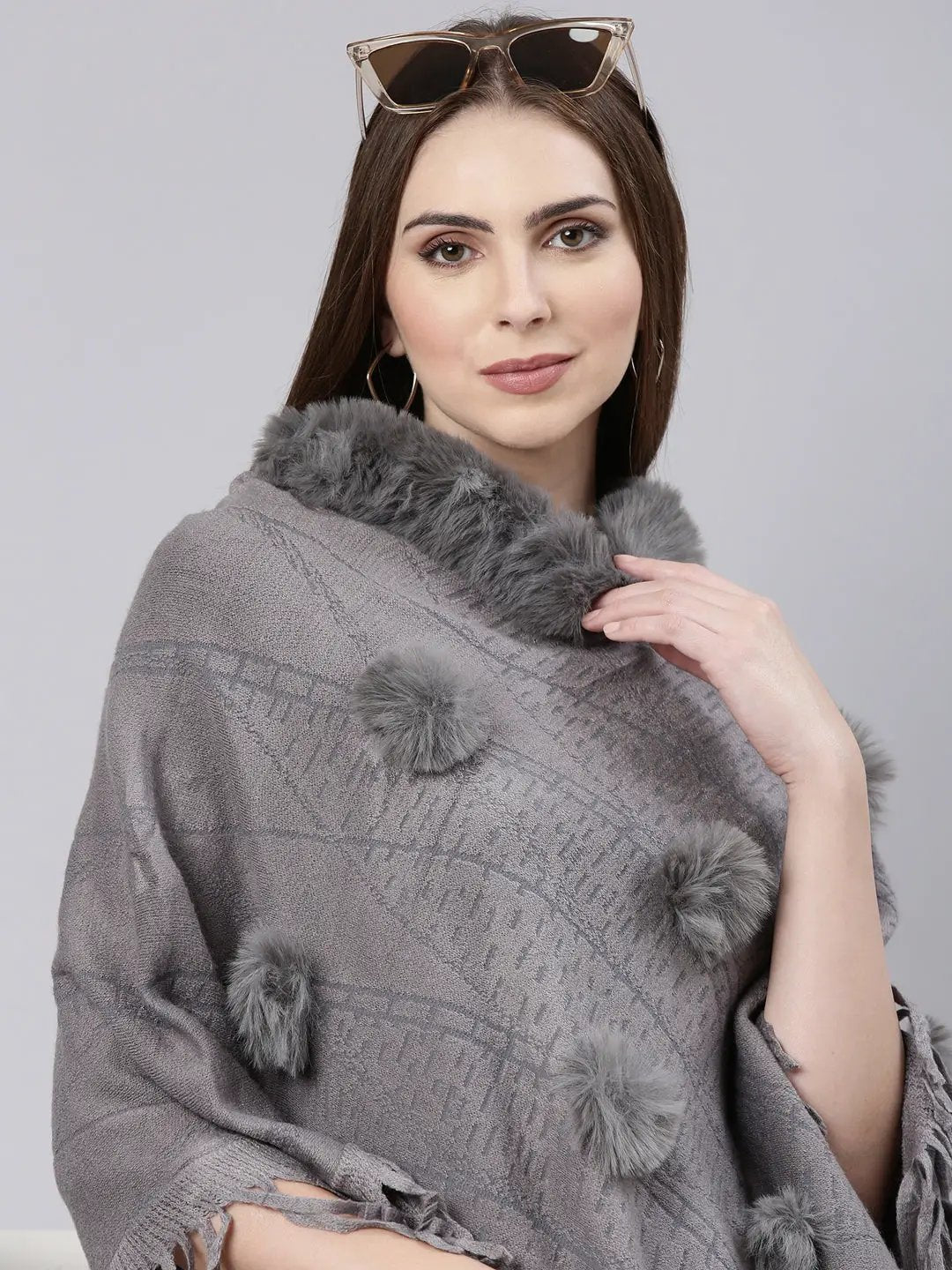 Women's Grey Self Design Longline Poncho