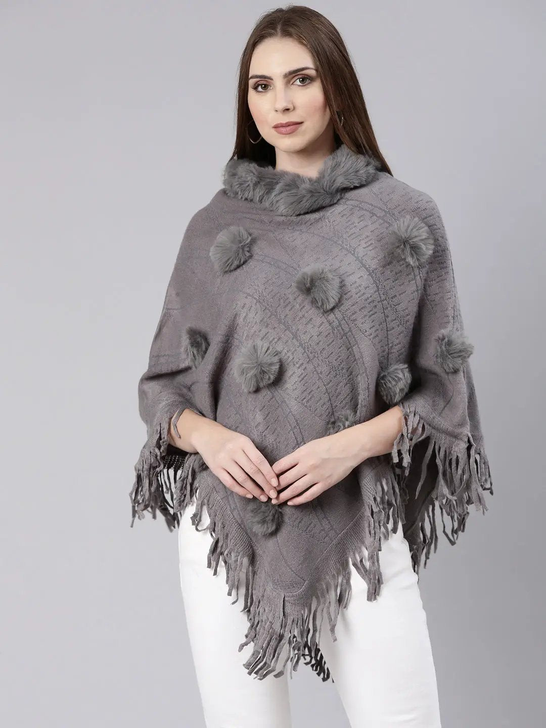 Women's Grey Self Design Longline Poncho
