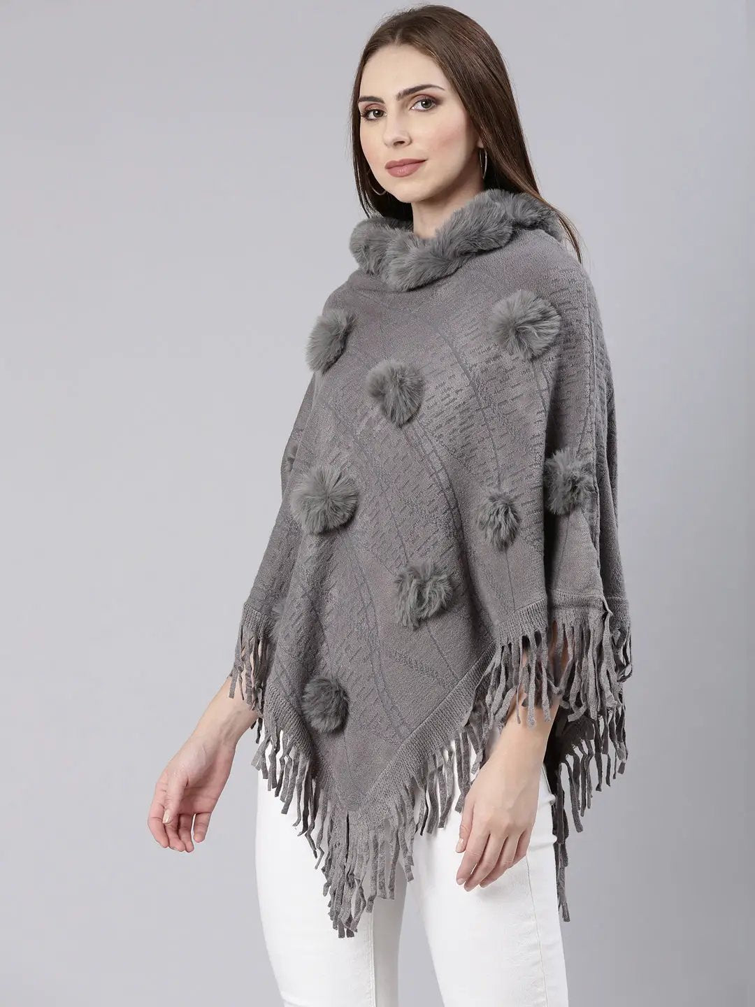 Women's Grey Self Design Longline Poncho