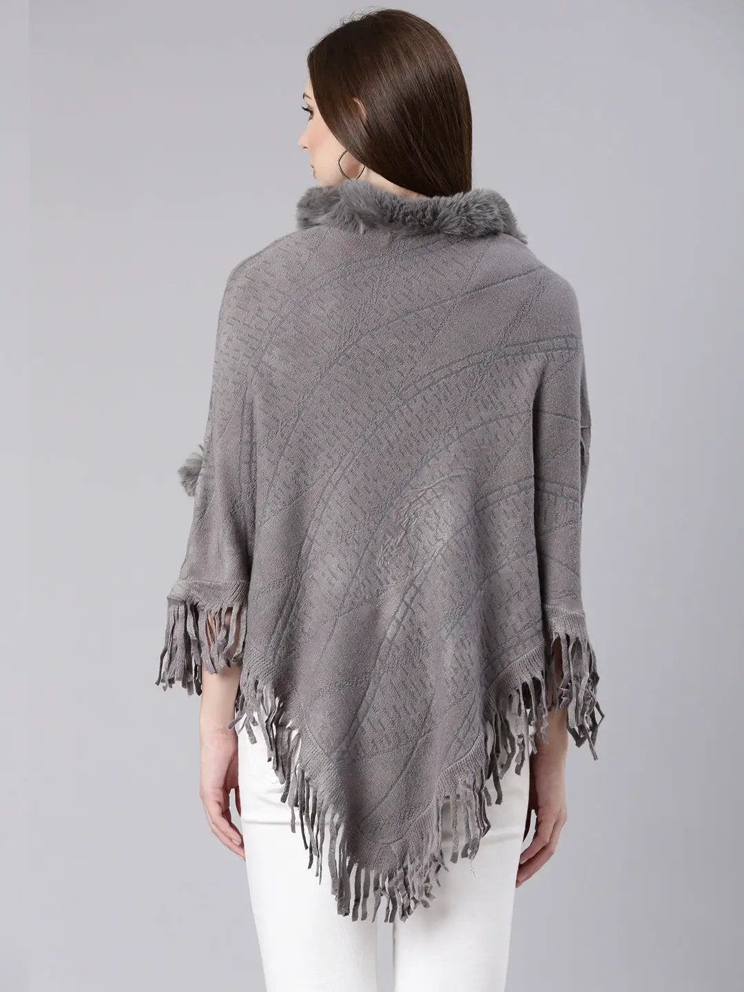 Women's Grey Self Design Longline Poncho