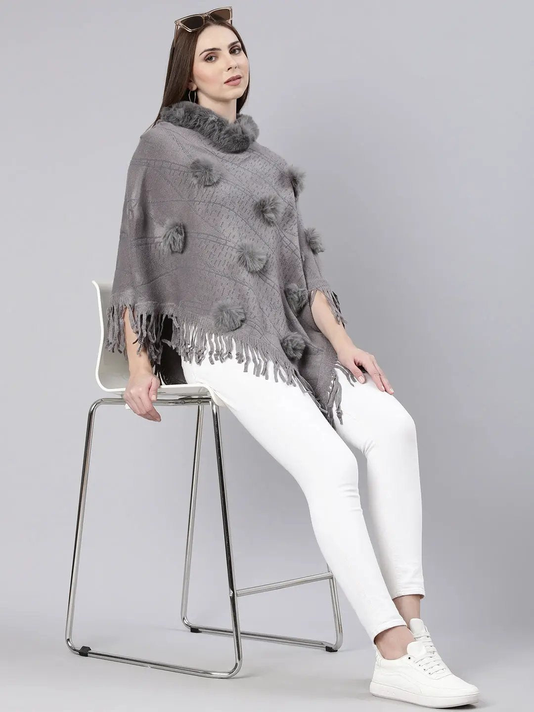 Women's Grey Self Design Longline Poncho