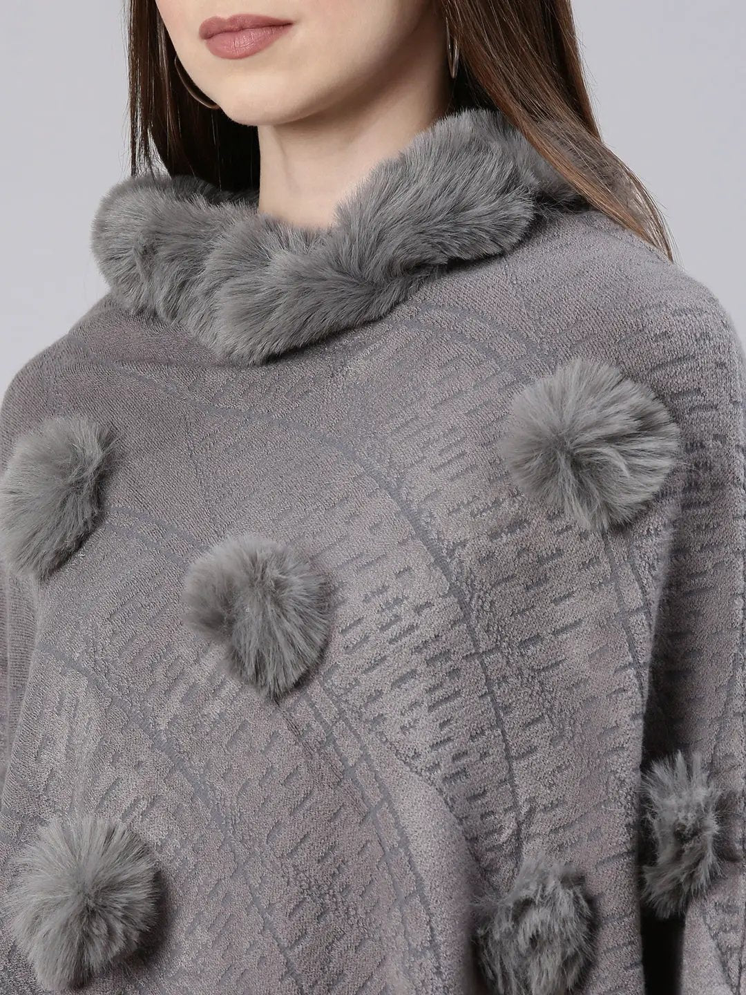 Women's Grey Self Design Longline Poncho