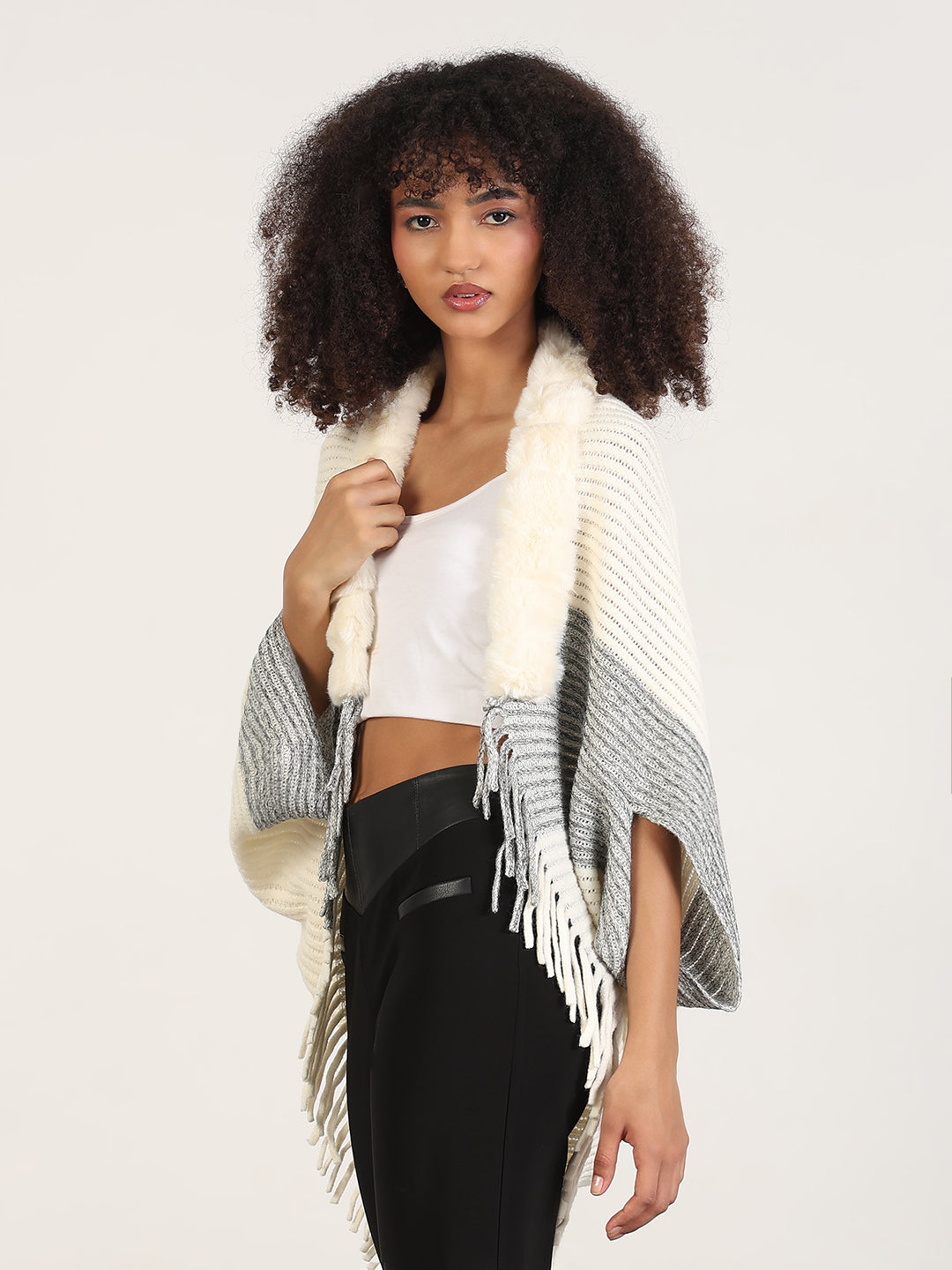 Women's Solid Cream Fringed Edge Poncho