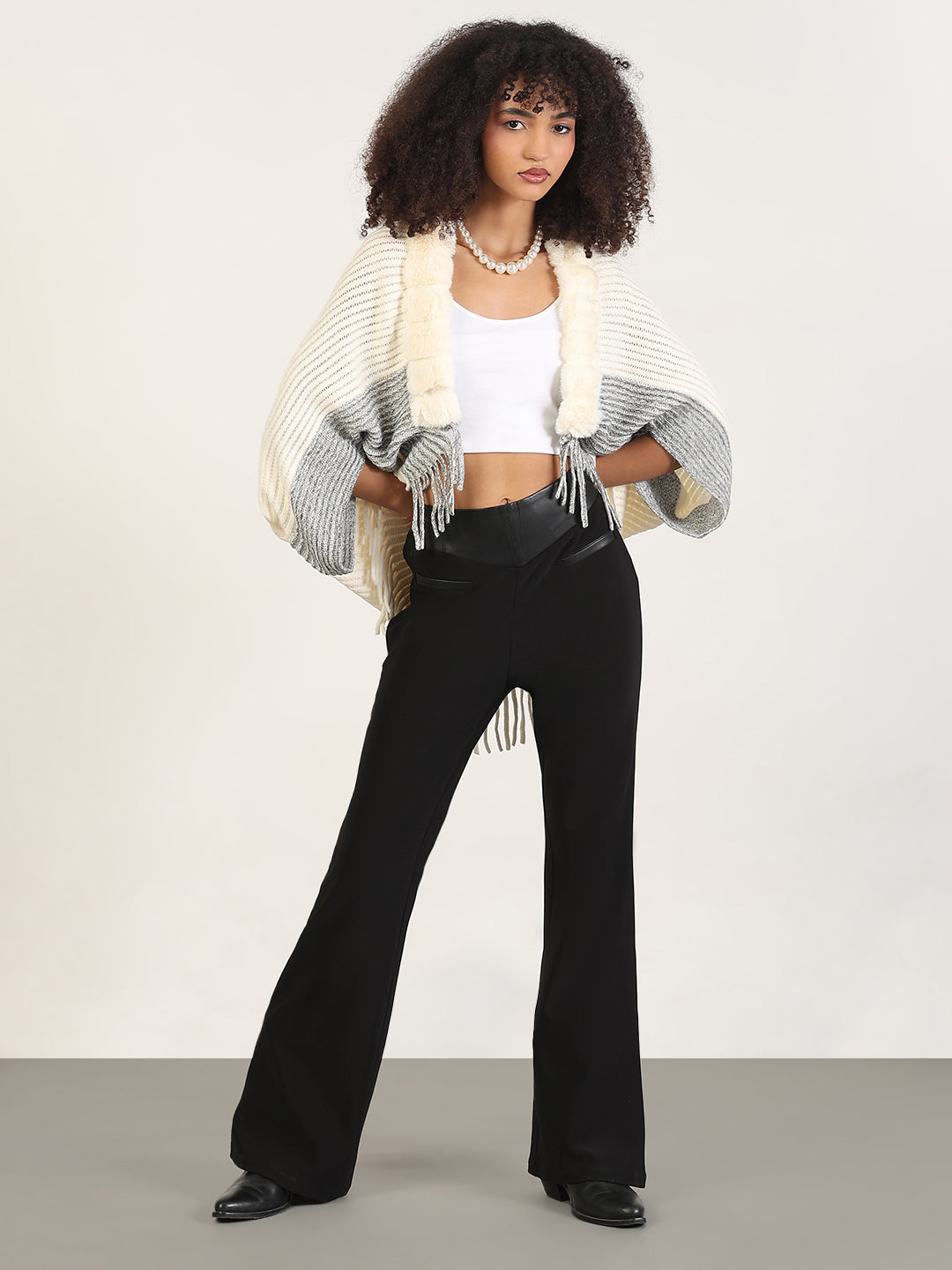 Women's Solid Cream Fringed Edge Poncho