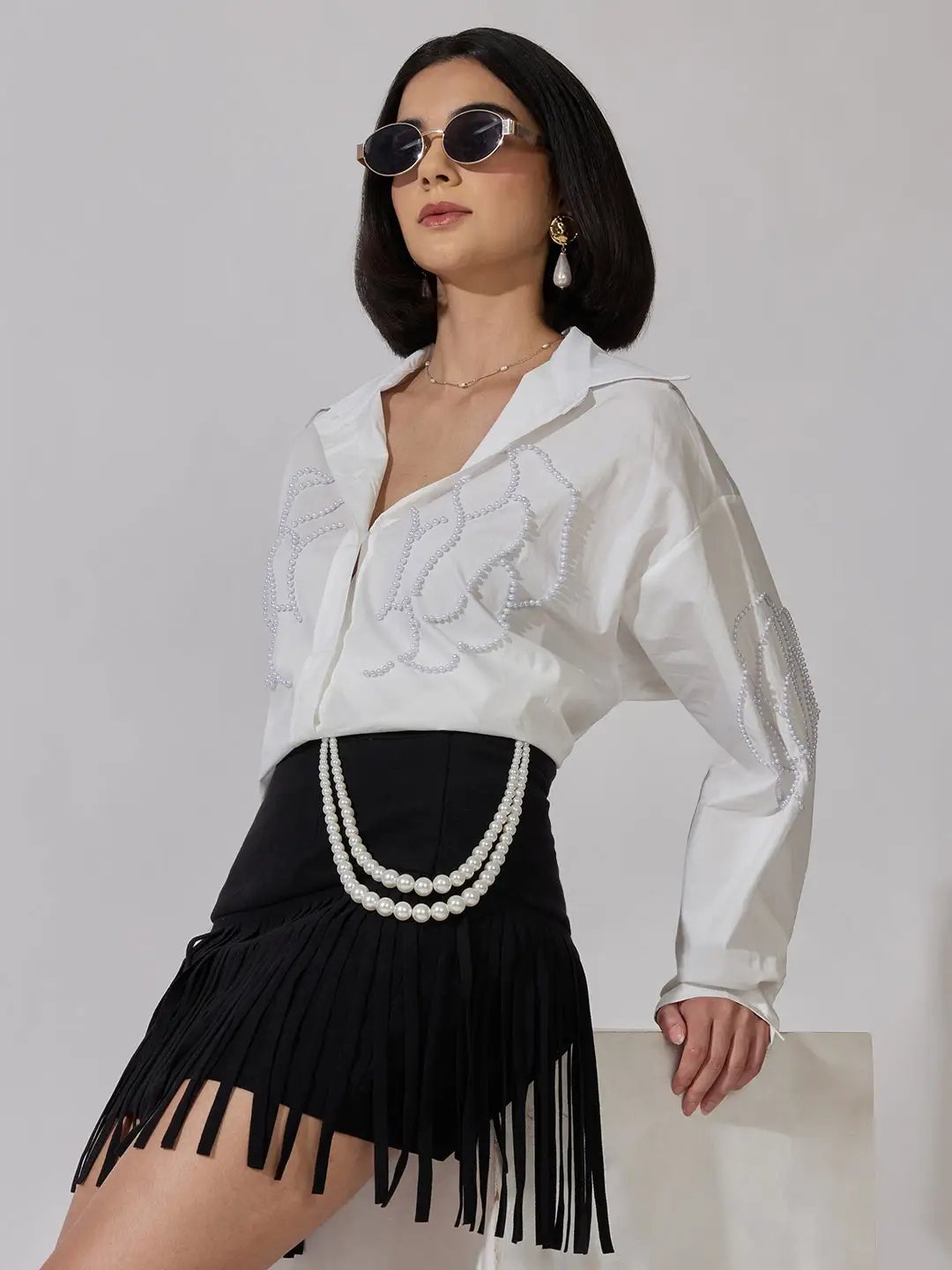 Women's White Pearl Embellished Oversized Long Sleeve Shirt