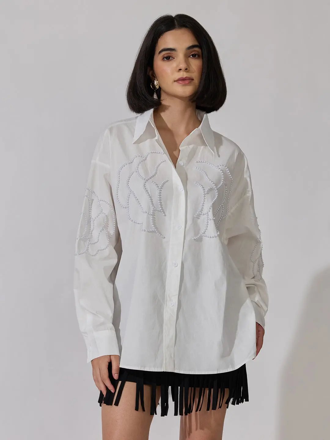 Women's White Pearl Embellished Oversized Long Sleeve Shirt
