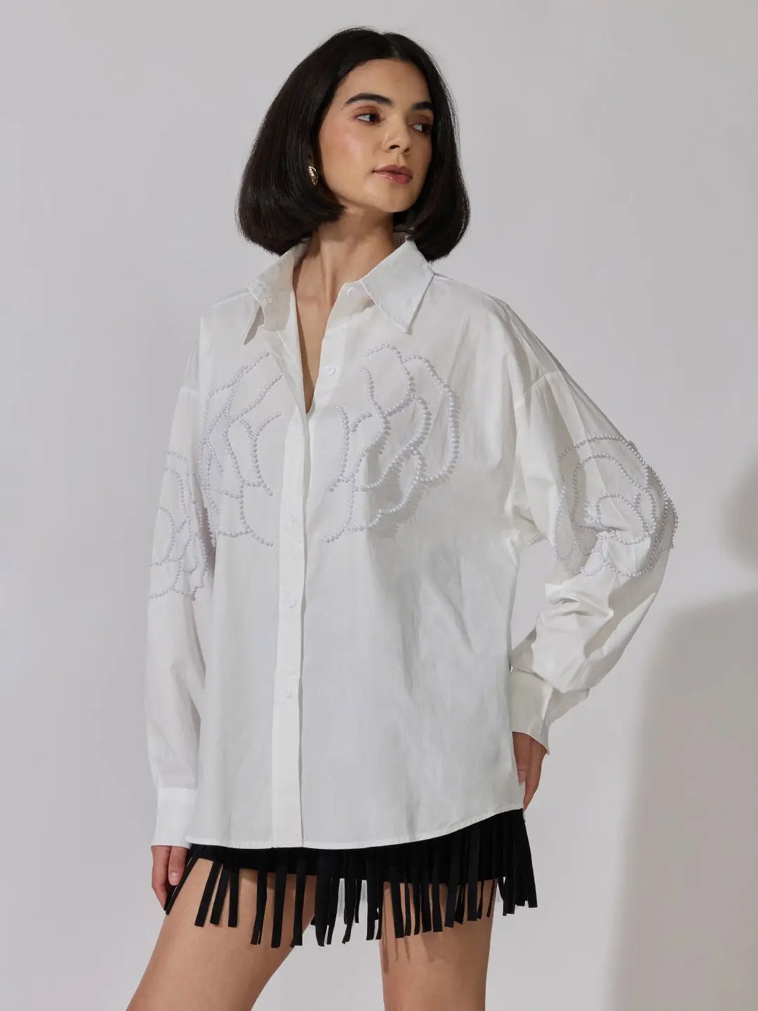 Women's White Pearl Embellished Oversized Long Sleeve Shirt