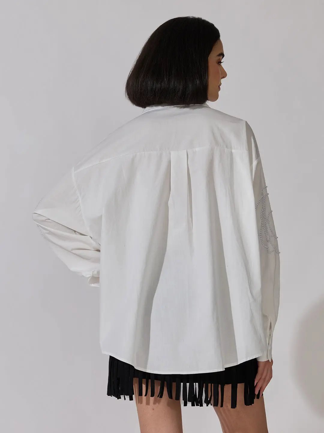 Women's White Pearl Embellished Oversized Long Sleeve Shirt