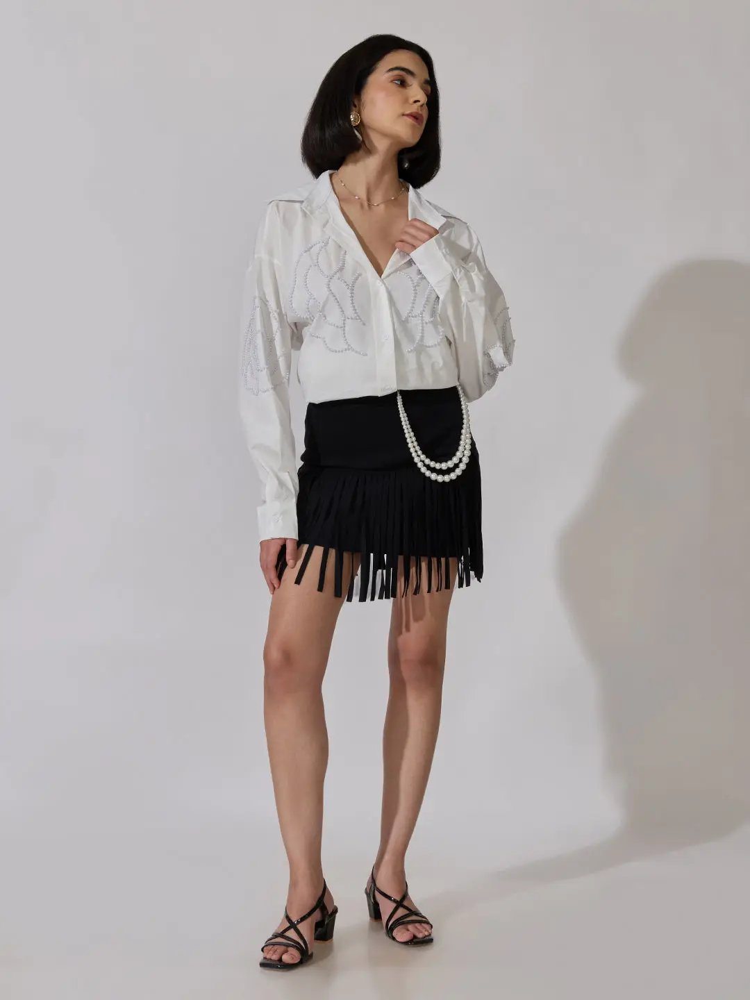 Women's White Pearl Embellished Oversized Long Sleeve Shirt