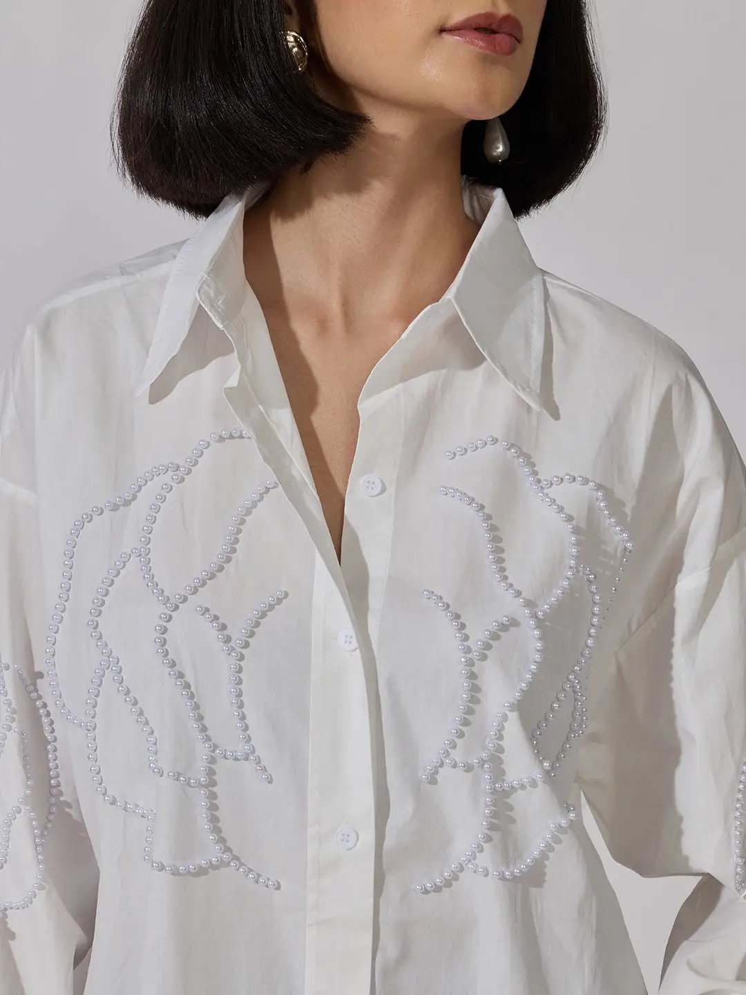 Women's White Pearl Embellished Oversized Long Sleeve Shirt