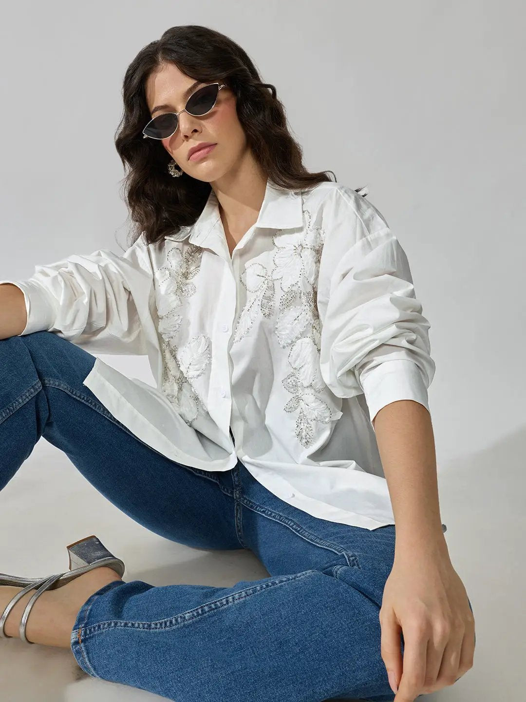 Women's White Floral Embellished Oversized Shirt with Sequin Detail