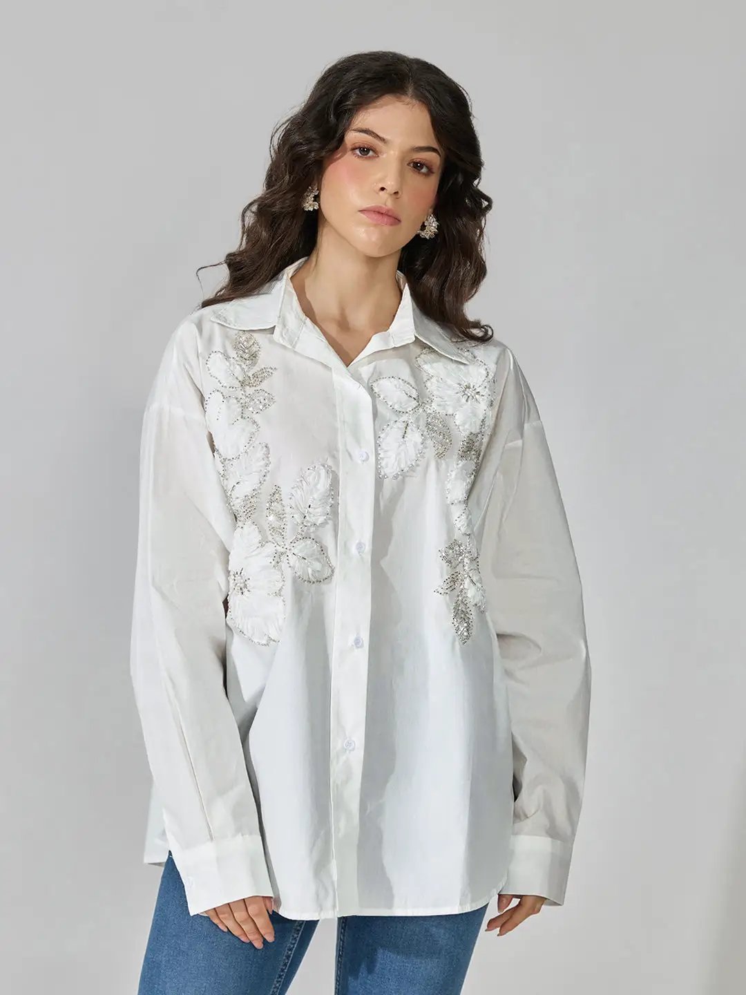 Women's White Floral Embellished Oversized Shirt with Sequin Detail