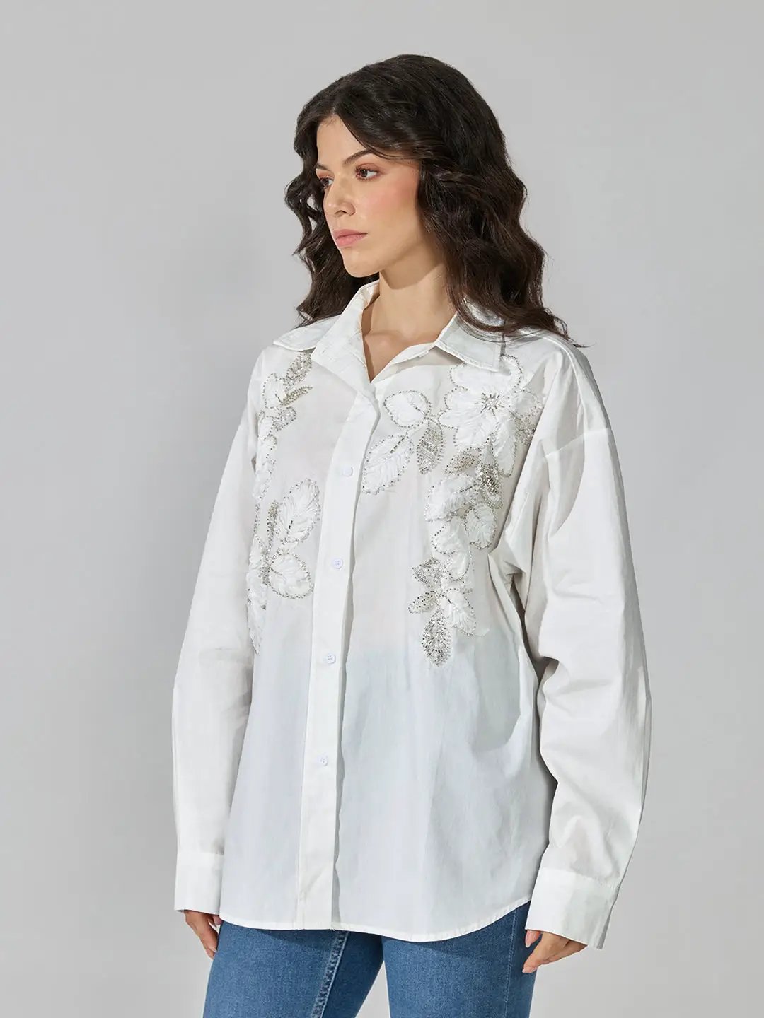 Women's White Floral Embellished Oversized Shirt with Sequin Detail