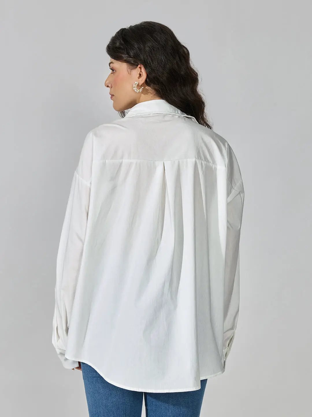 Women's White Floral Embellished Oversized Shirt with Sequin Detail