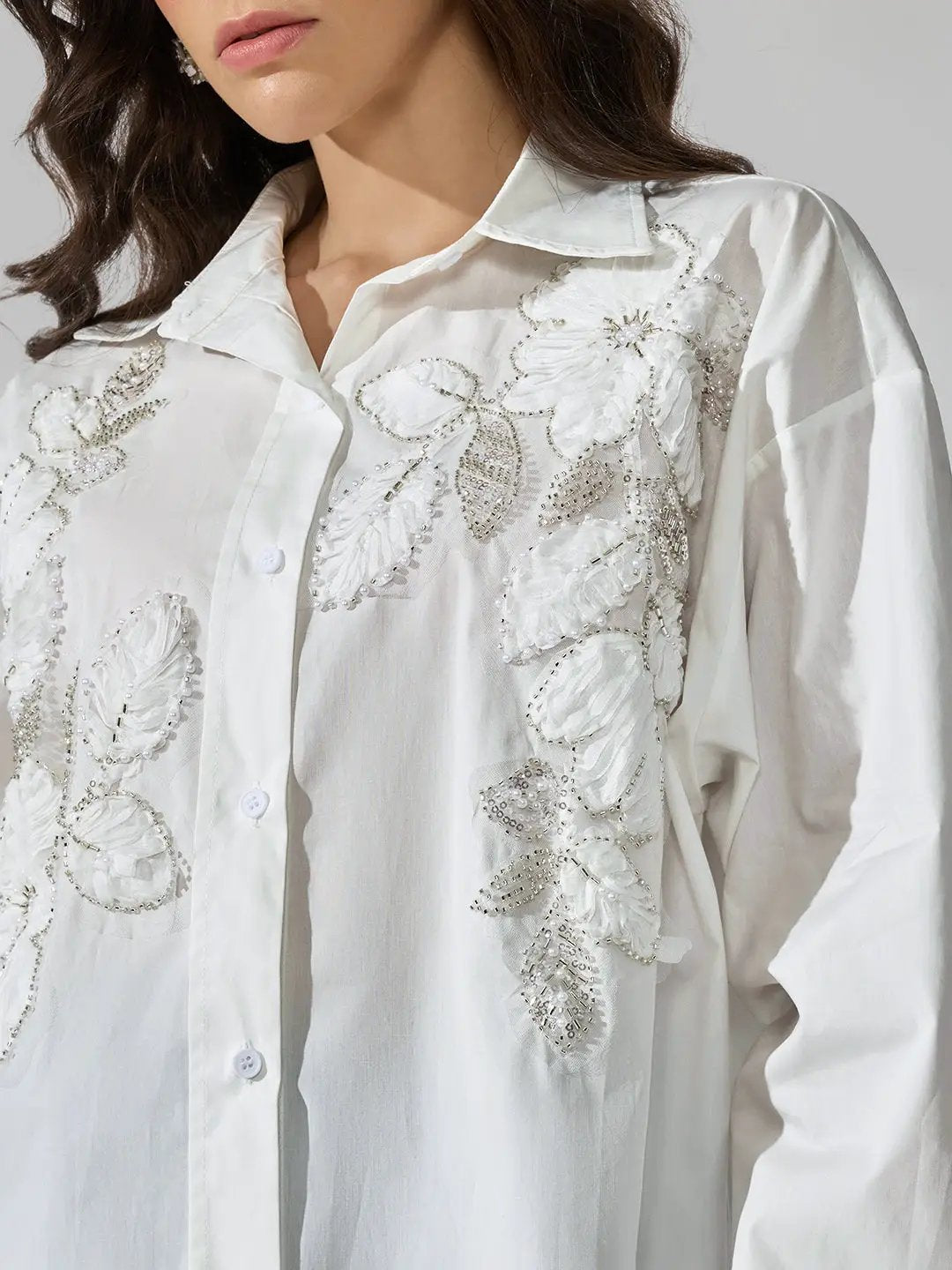 Women's White Floral Embellished Oversized Shirt with Sequin Detail