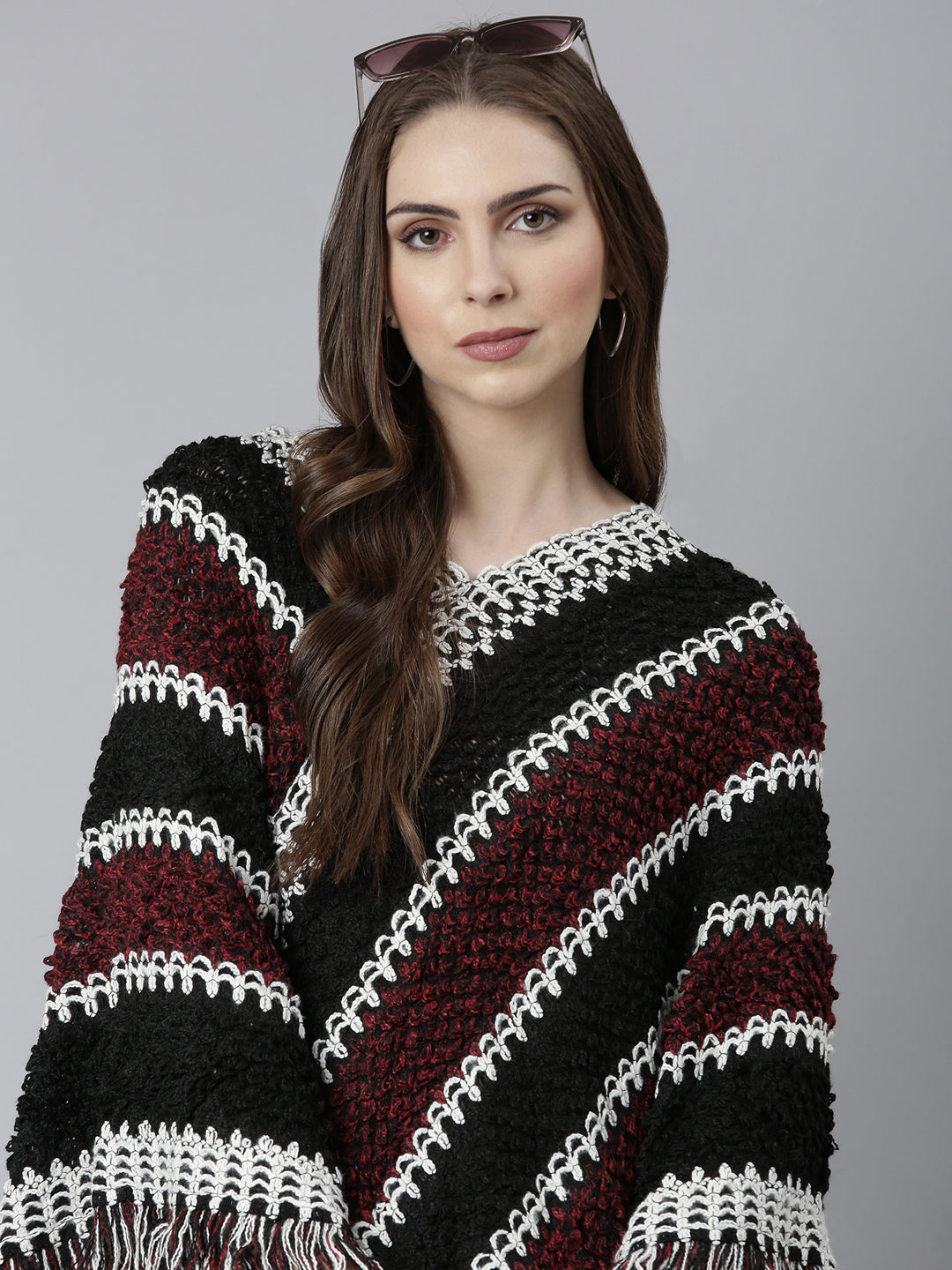 Women Black Self Design Poncho