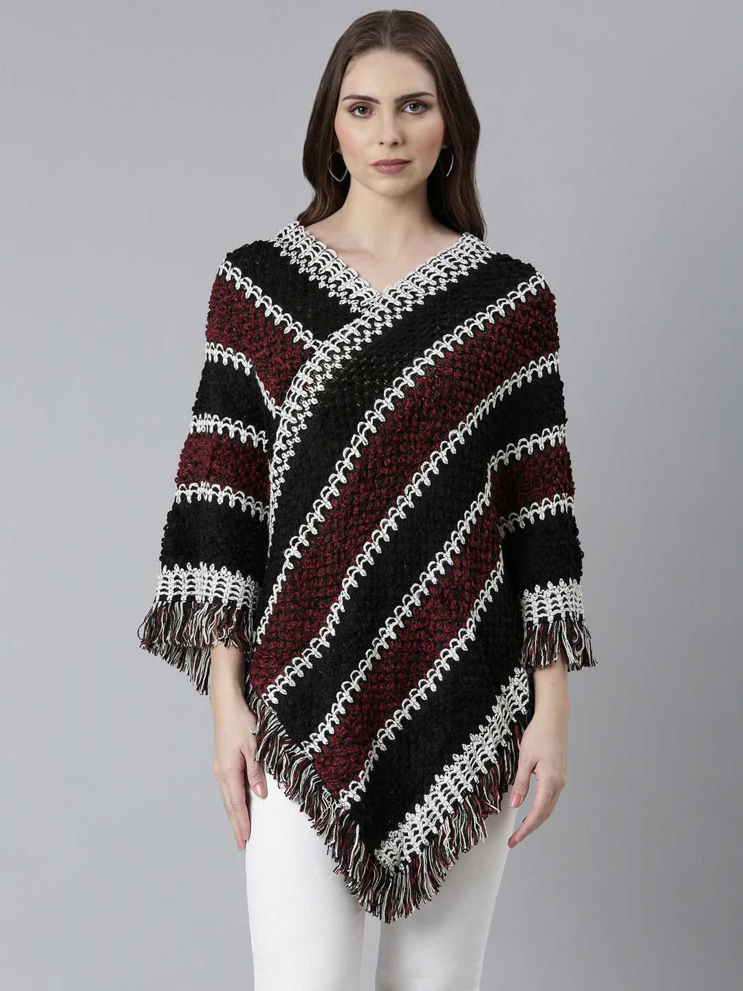 Women Black Self Design Poncho