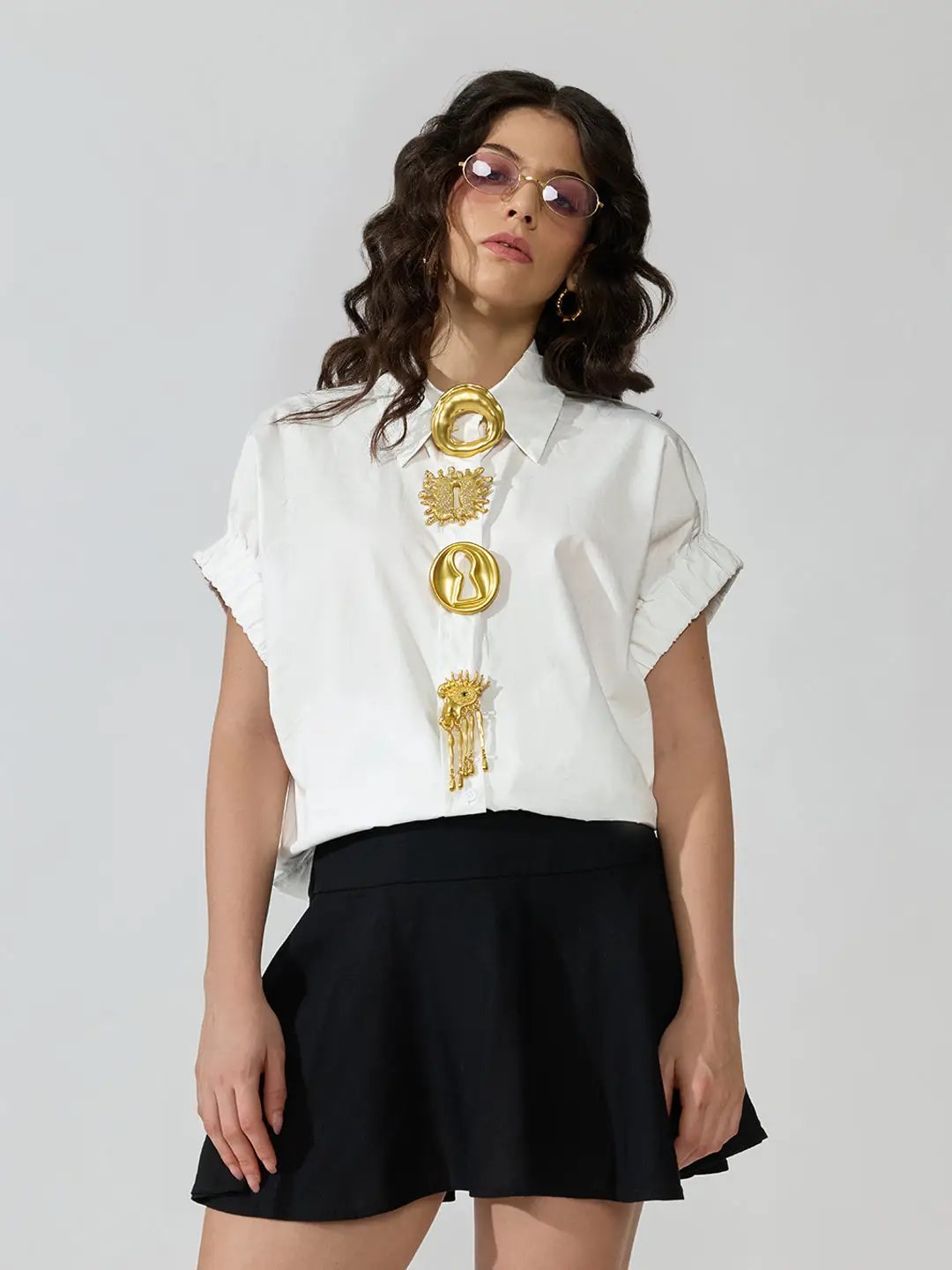 Women's White Oversized Short Sleeve Shirt with Brooch Buttons
