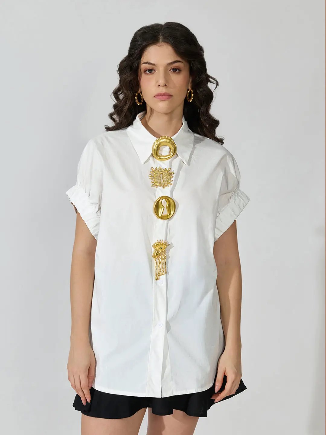 Women's White Oversized Short Sleeve Shirt with Brooch Buttons