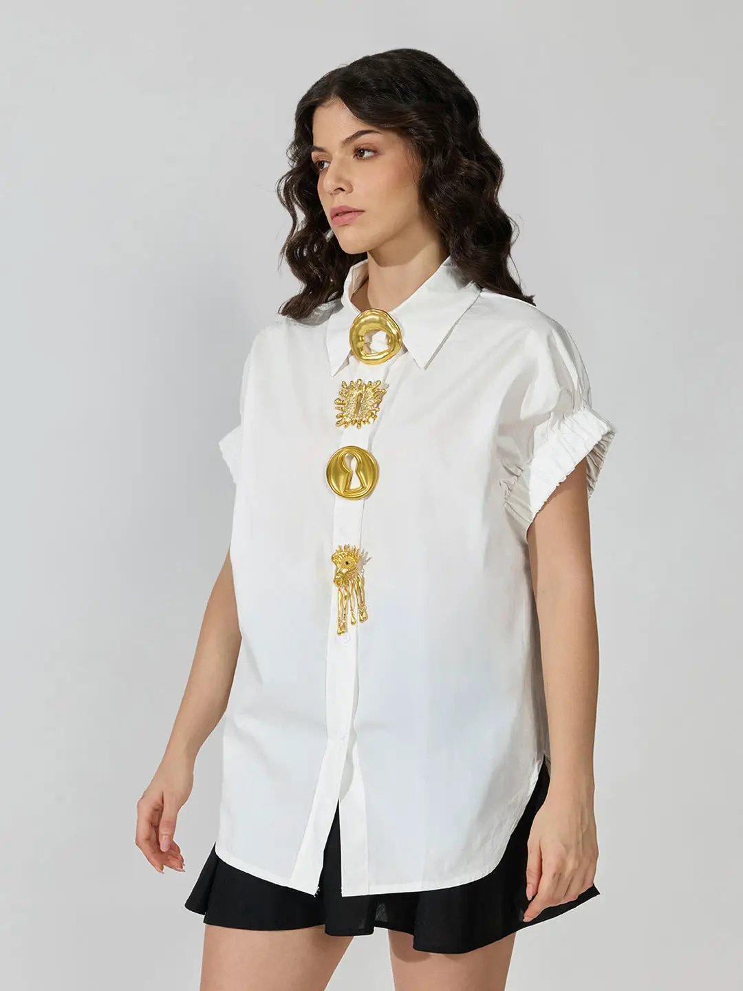 Women's White Oversized Short Sleeve Shirt with Brooch Buttons