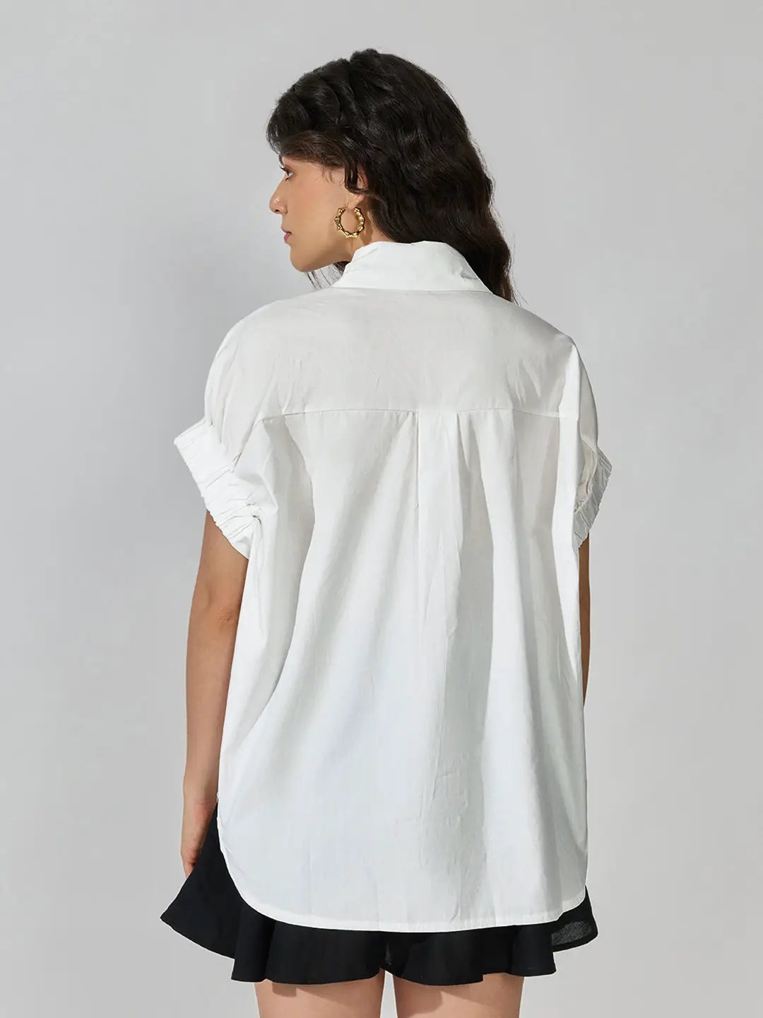 Women's White Oversized Short Sleeve Shirt with Brooch Buttons
