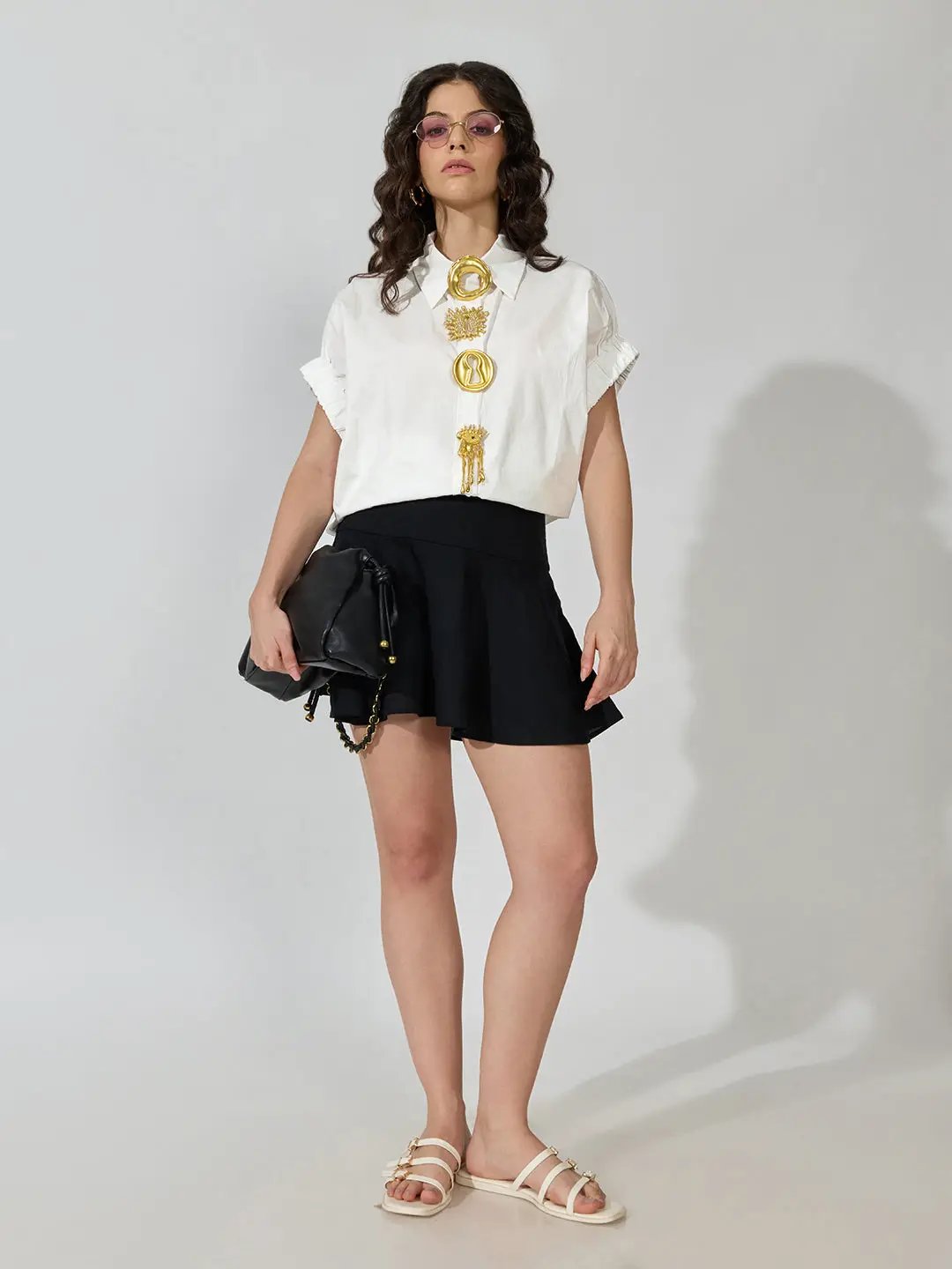 Women's White Oversized Short Sleeve Shirt with Brooch Buttons