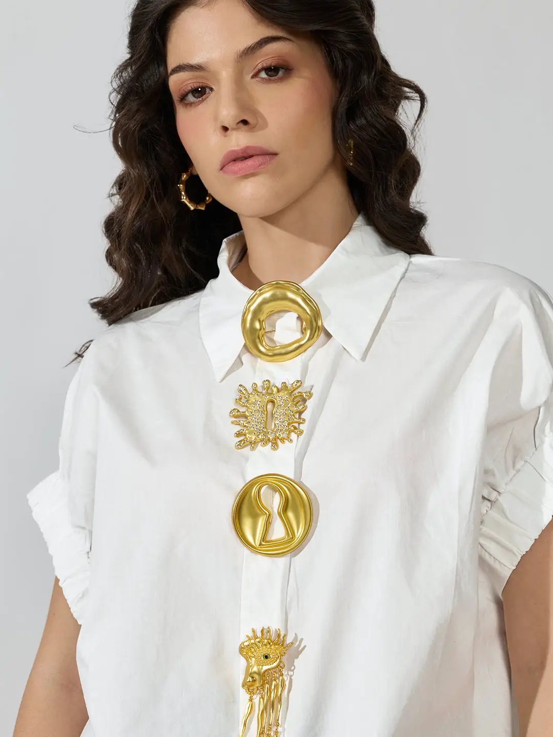 Women's White Oversized Short Sleeve Shirt with Brooch Buttons