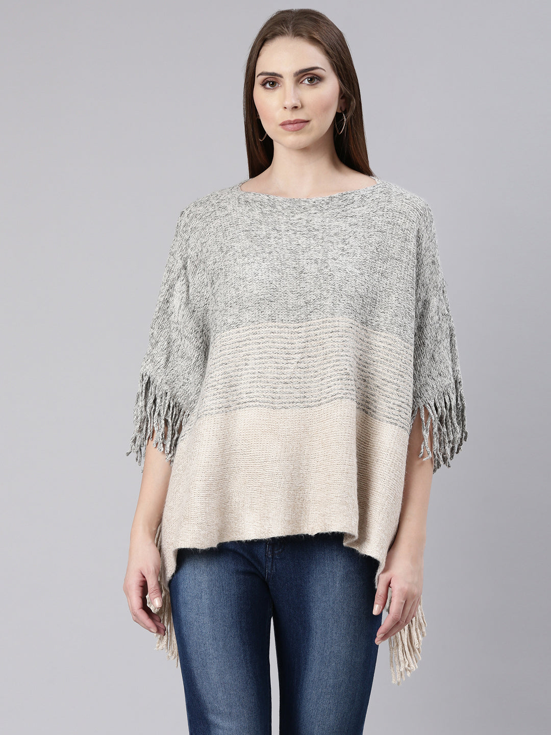 Women Beige Self Design Poncho