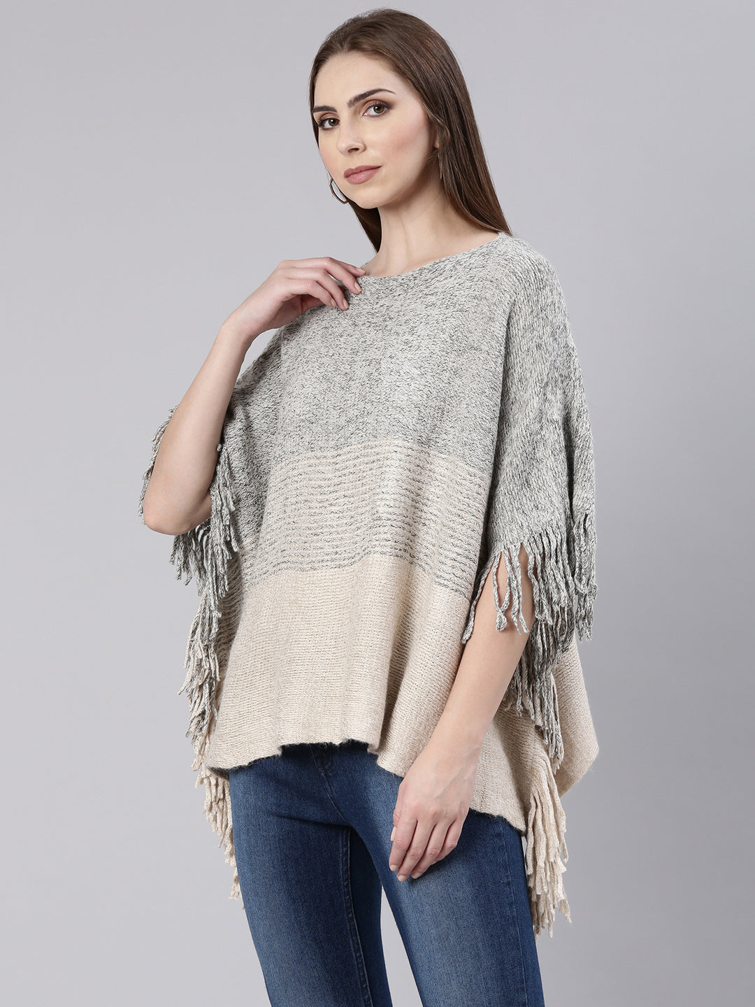 Women Beige Self Design Poncho