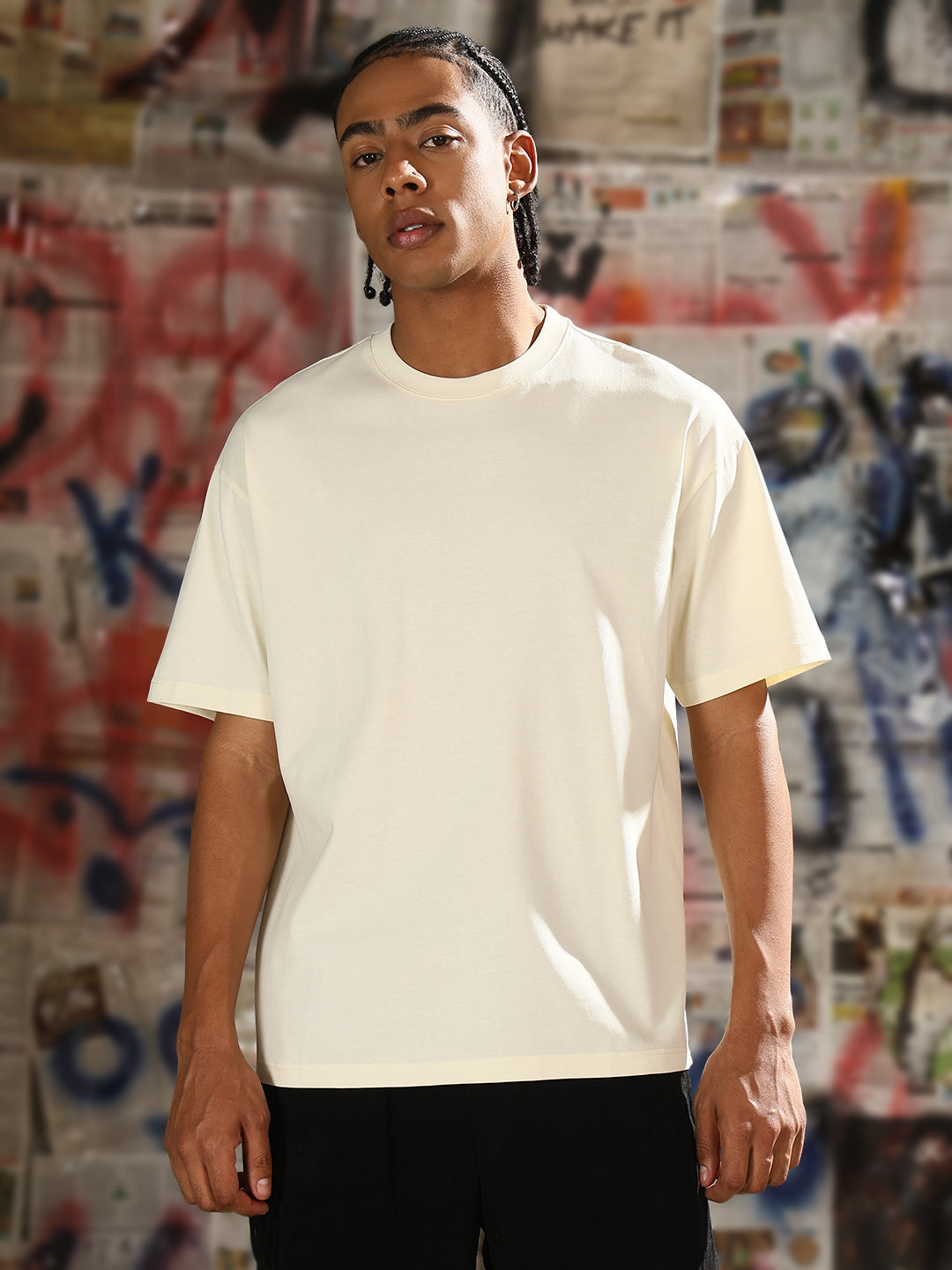 Men Casual Cream Solid T-Shirt