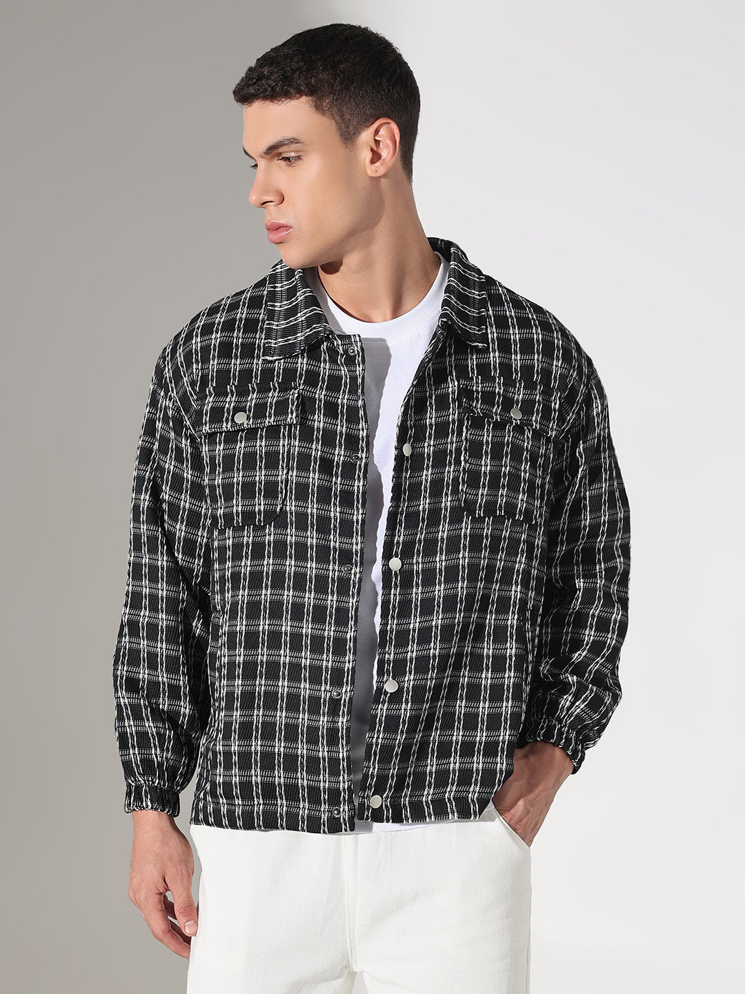 Men's Checked Black Relaxed Fit Button Down Shirt with Chest Pockets