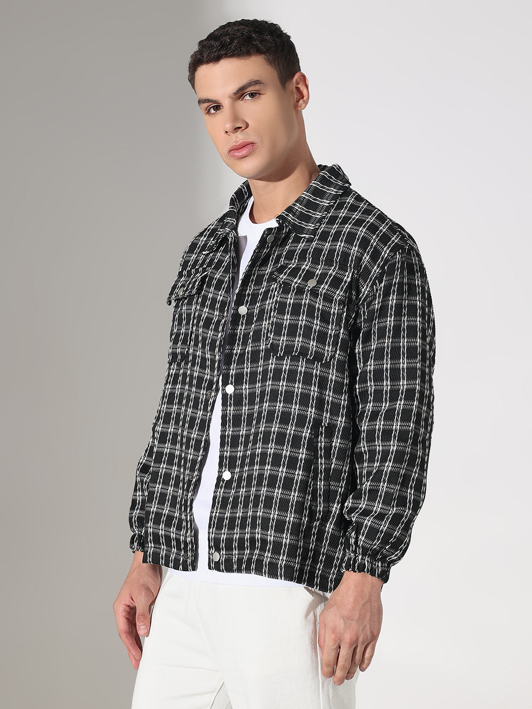 Men's Checked Black Relaxed Fit Button Down Shirt with Chest Pockets