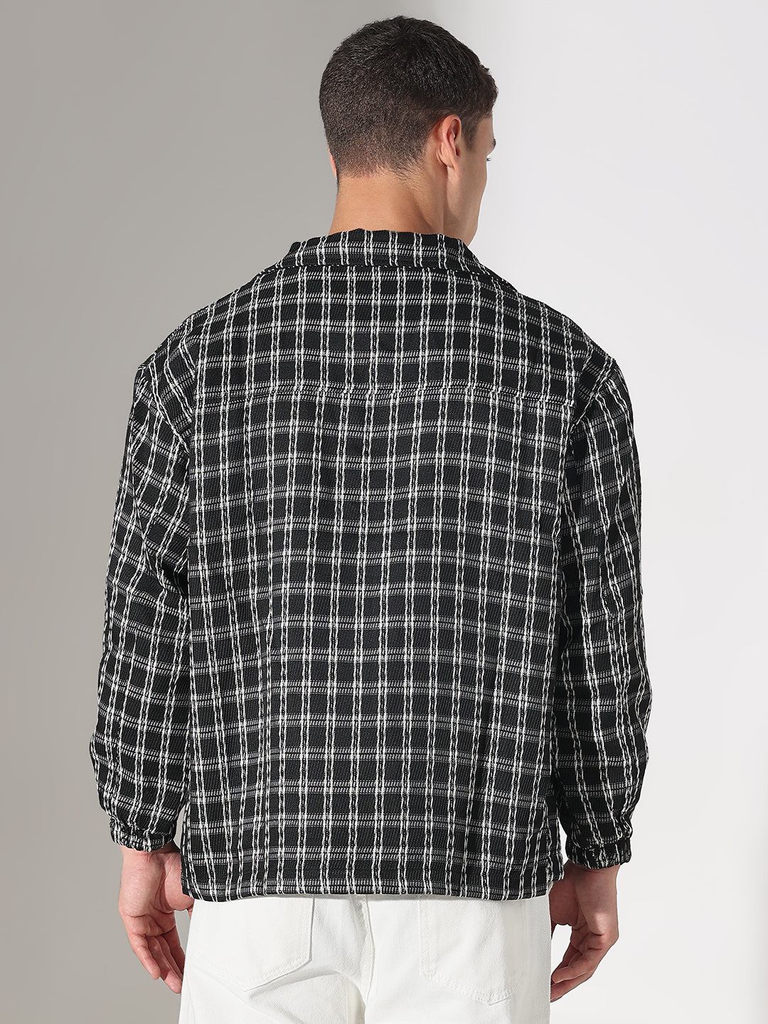 Men's Checked Black Relaxed Fit Button Down Shirt with Chest Pockets