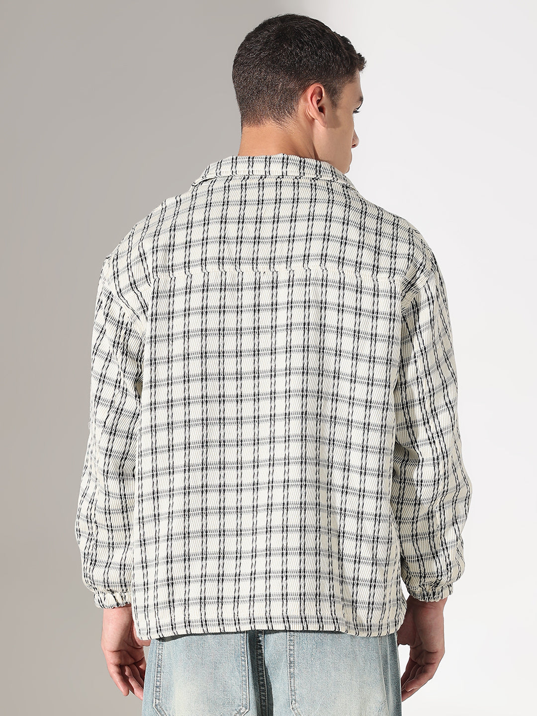 Men's Checked Cream Relaxed Fit Button Down Shirt with Chest Pockets