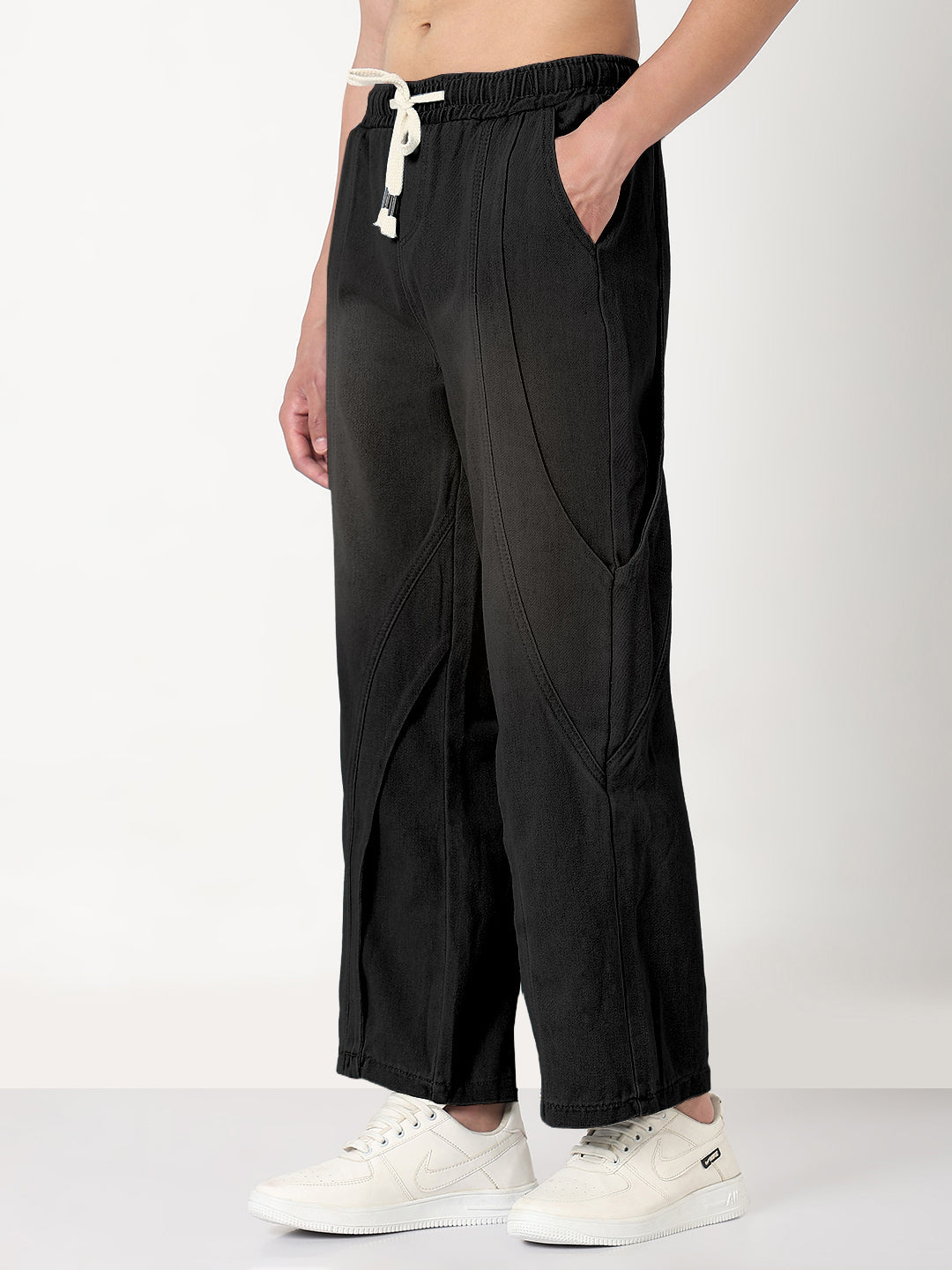 Men's Black Washed Straight Fit Drawstring Jeans