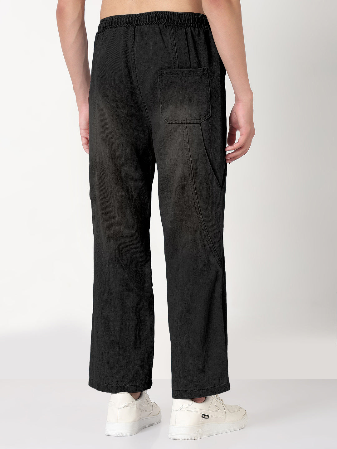 Men's Black Washed Straight Fit Drawstring Jeans