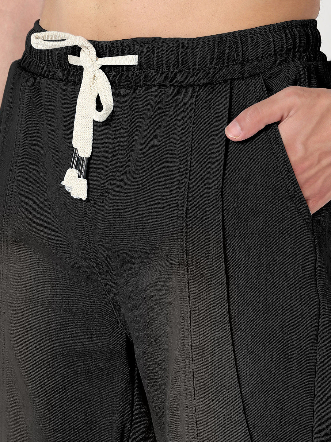 Men's Black Washed Straight Fit Drawstring Jeans