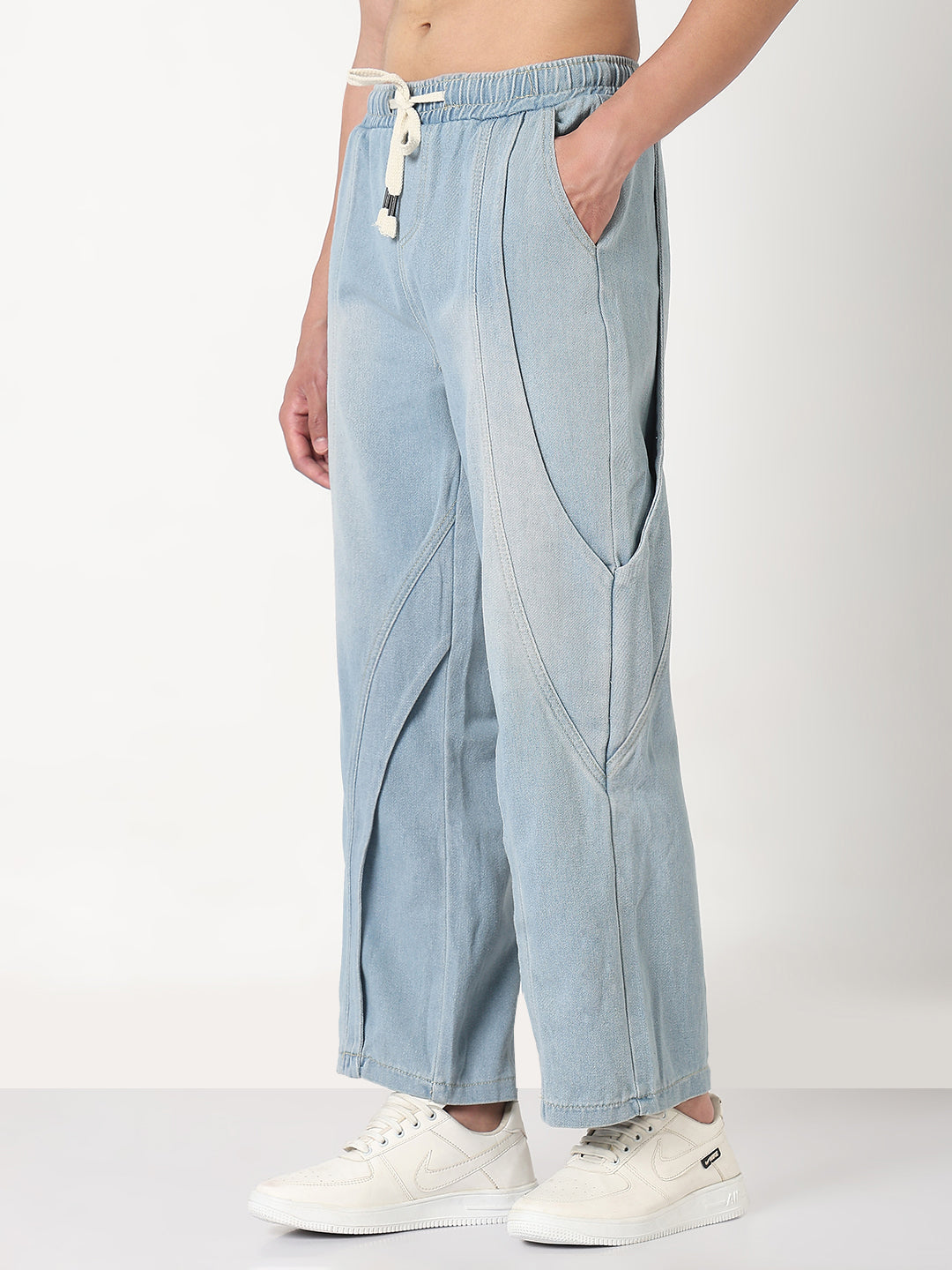 Men's Blue Washed Straight Fit Drawstring Jeans