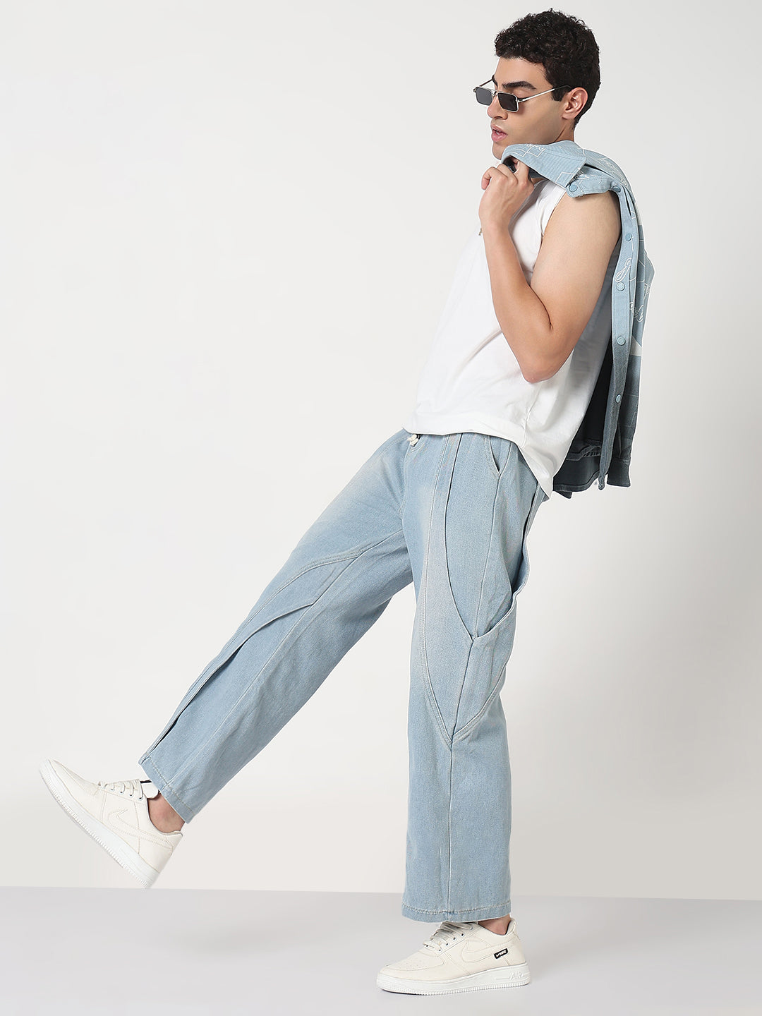 Men's Blue Washed Straight Fit Drawstring Jeans