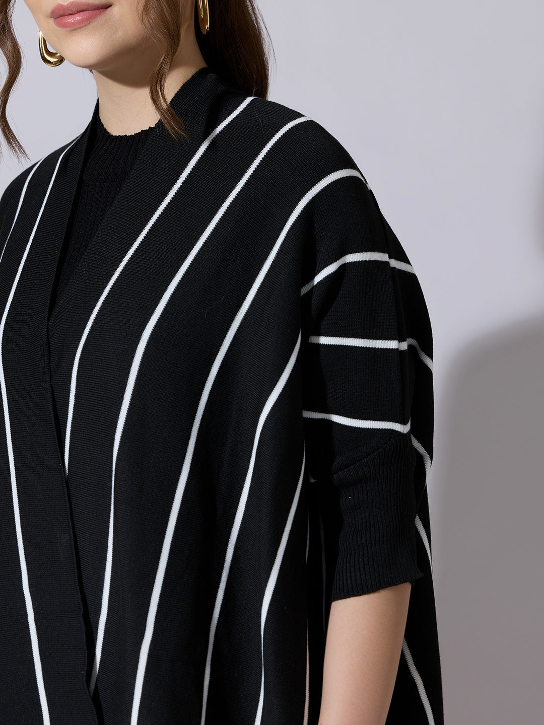 Women's Black Knit Dress with Striped Poncho-Style Overlay