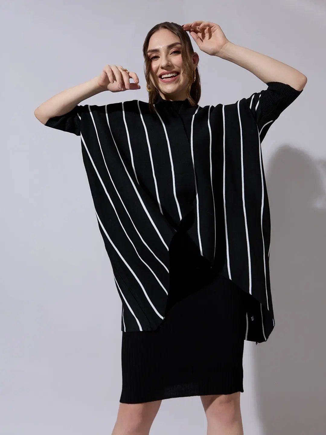 Shop Women's Black Knit Dress with Striped Poncho-Style Overlay| Showoffff Shop Women's Black Knit Dress with Striped Poncho-Style Overlay| Showoffff