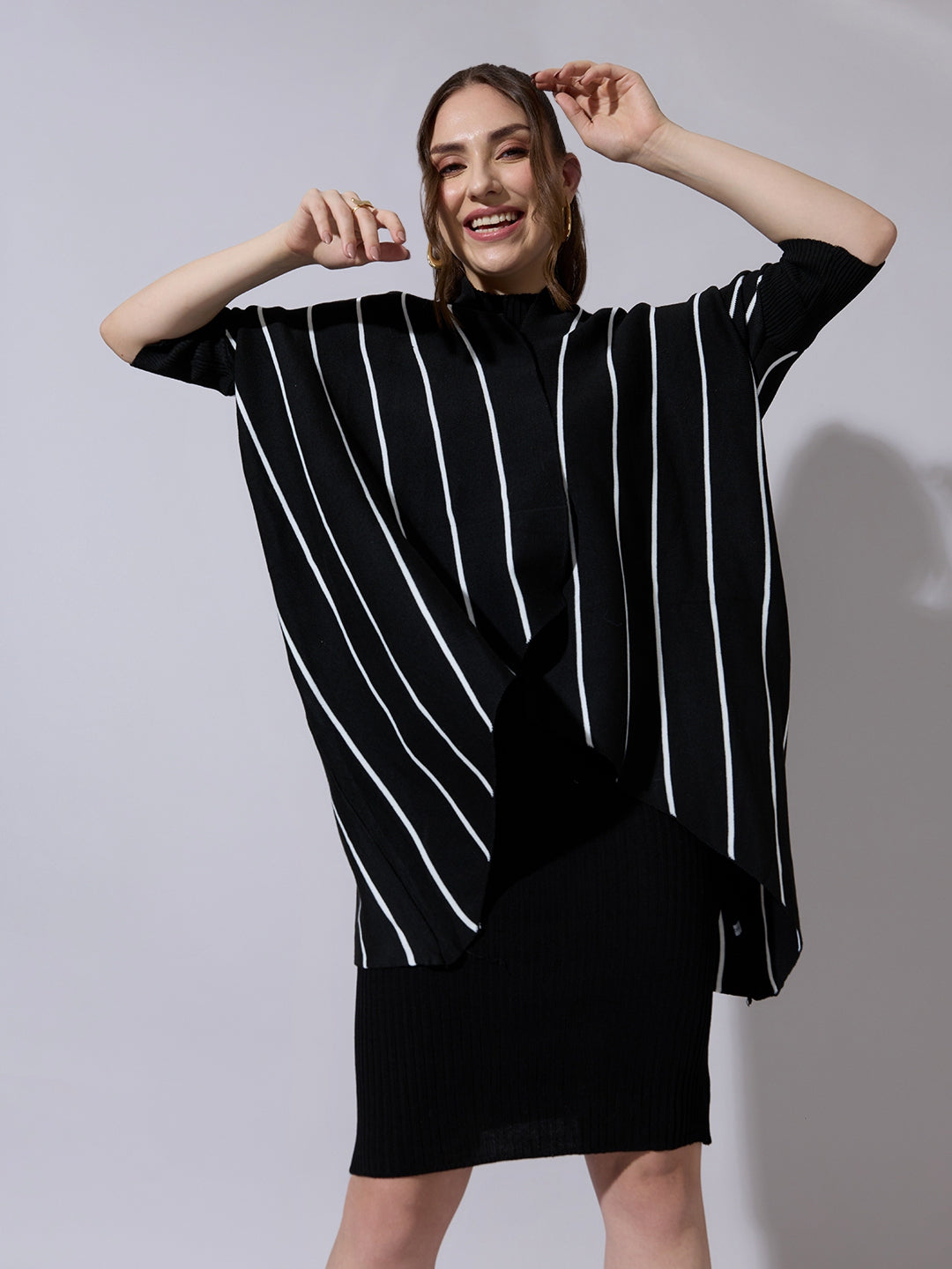 Women's Black Knit Dress with Striped Poncho-Style Overlay