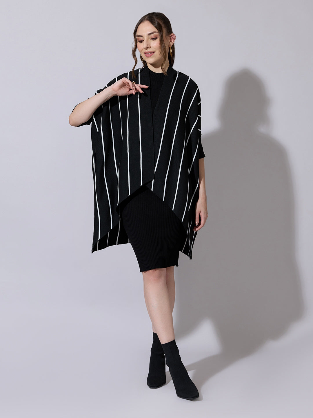 Women's Black Knit Dress with Striped Poncho-Style Overlay