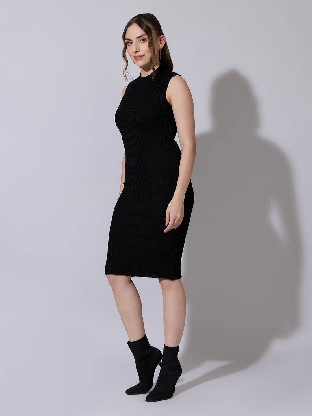 Shop Women's Black Knit Dress with Striped Poncho-Style Overlay| Showoffff Shop Women's Black Knit Dress with Striped Poncho-Style Overlay| Showoffff