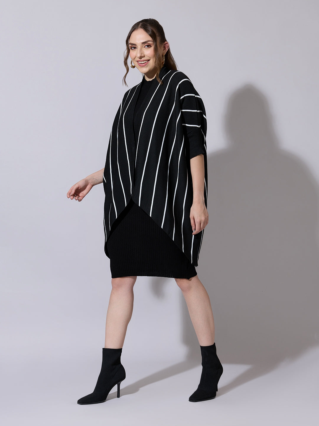 Women's Black Knit Dress with Striped Poncho-Style Overlay