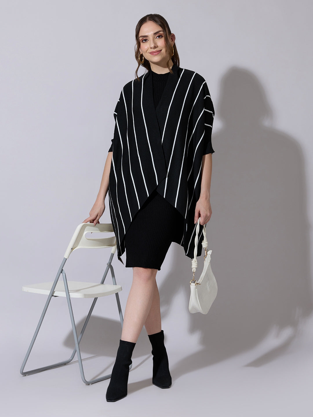 Women's Black Knit Dress with Striped Poncho-Style Overlay