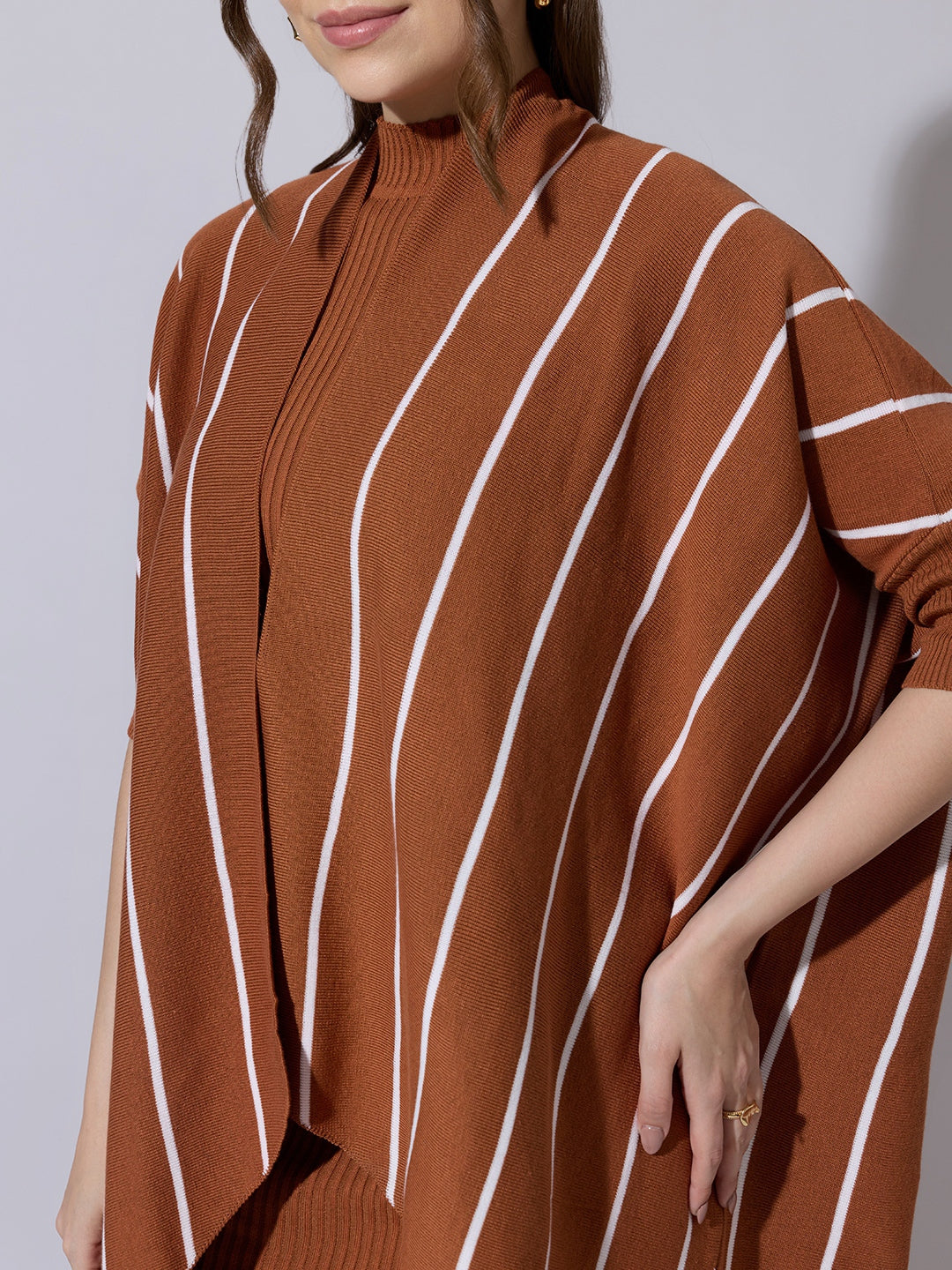 Women's Brown Knit Dress with Striped Poncho-Style Overlay