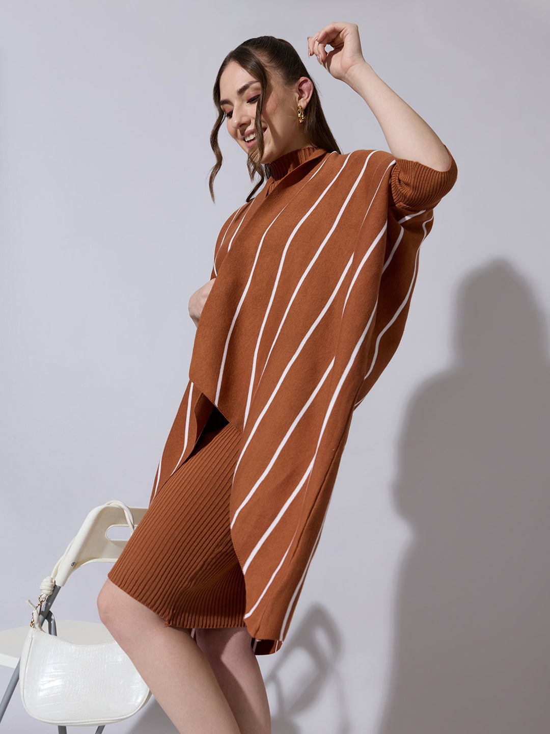Women's Brown Knit Dress with Striped Poncho-Style Overlay